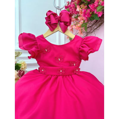Vestido Infantil Pink Com Apliques de Borboletas e Flores