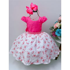 Vestido Infantil Pink com Borboletas e Corações Cinto Pérolas