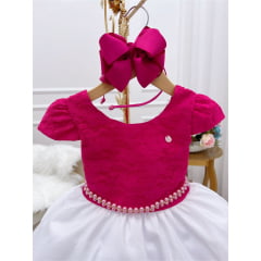 Vestido Infantil Pink Com Renda Saia Floral Branca Pérolas