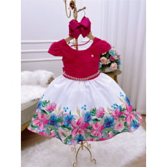 Vestido Infantil Pink Com Renda Saia Floral Branca Pérolas