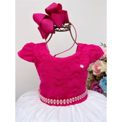 Vestido Infantil Pink Com Renda Saia Floral Branca Pérolas