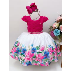 Vestido Infantil Pink Com Renda Saia Floral Branca Pérolas
