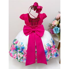 Vestido Infantil Pink Com Renda Saia Floral Branca Pérolas