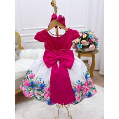 Vestido Infantil Pink Com Renda Saia Floral Branca Pérolas