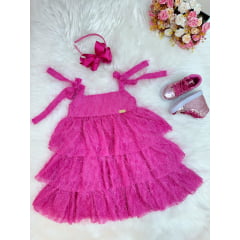 Vestido Infantil Pink de Alça e Com Plumas Luxo