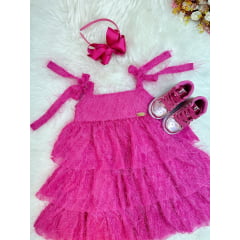 Vestido Infantil Pink de Alça e Com Plumas Luxo