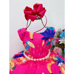 Vestido Infantil Pink Pássaros Frutas Cinto de Pérolas Luxo