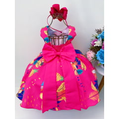 Vestido Infantil Pink Pássaros Frutas Cinto de Pérolas Luxo