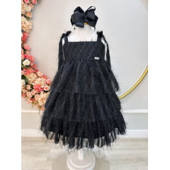 Vestido Infantil Preto de Alça e Com Plumas Luxo