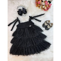 Vestido Infantil Preto de Alça e Com Plumas Luxo