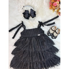 Vestido Infantil Preto de Alça e Com Plumas Luxo