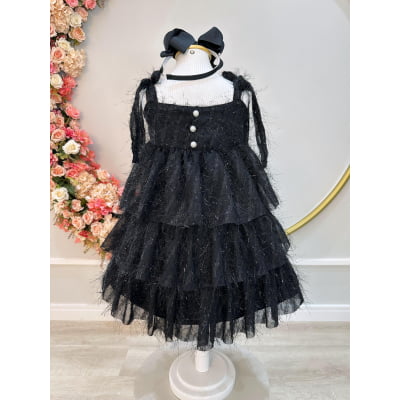 Vestido Infantil Preto de Alça e Com Plumas Luxo