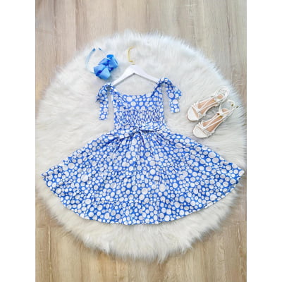 Vestido Infantil Primavera Verão Branco C/ Azul Bebê Casual