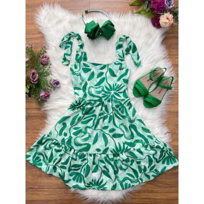 Vestido Infantil Primavera Verão Florido Verde Festas Casual