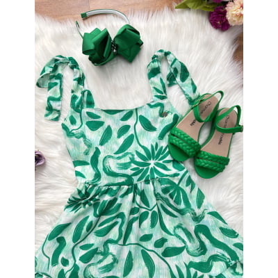 Vestido Infantil Primavera Verão Florido Verde Festas Casual