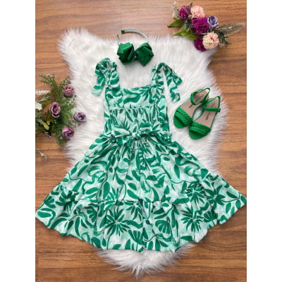 Vestido Infantil Primavera Verão Florido Verde Festas Casual