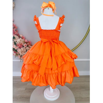 Vestido Infantil Verão Laranja Neon Saia C/ Babado Casual