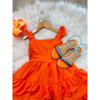 Vestido Infantil Verão Laranja Neon Saia C/ Babado Casual