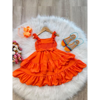 Vestido Infantil Verão Laranja Neon Saia C/ Babado Casual