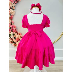 Vestido Infantil Primavera Verão Pink C/ Busto Bordado Luxo