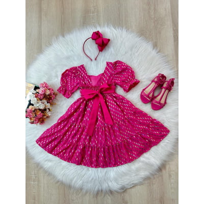 Vestido Infantil Primavera Verão Pink C/ Riscos Coloridos Casual