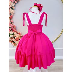 Vestido Infantil Primavera Verão Pink de Alça e Busto Bordado