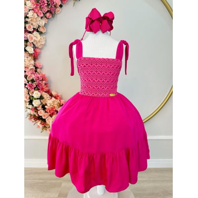 Vestido Infantil Primavera Verão Pink de Alça e Busto Bordado Casual Vestido Infantil Primavera Verão Pink de Alça e Busto Bordado Casual