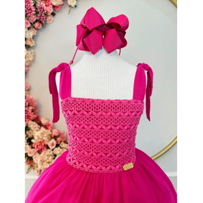 Vestido Infantil Primavera Verão Pink de Alça e Busto Bordado Casual