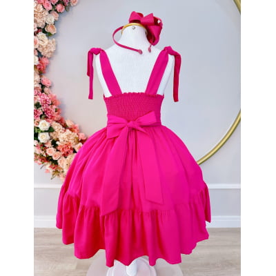 Vestido Infantil Primavera Verão Pink de Alça e Busto Bordado Casual