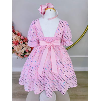 Vestido Infantil Primavera Verão Rosa Bebê Riscos Coloridos Casual