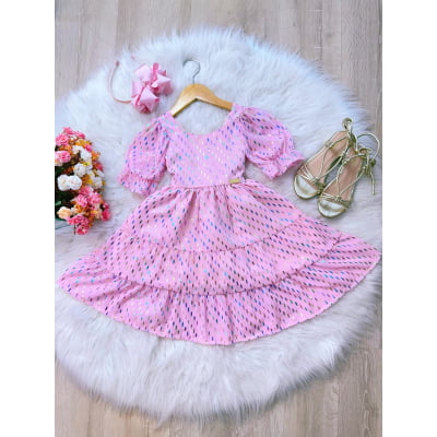 Vestido Infantil Primavera Verão Rosa Bebê Riscos Coloridos Casual
