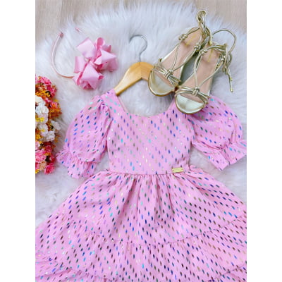 Vestido Infantil Primavera Verão Rosa Bebê Riscos Coloridos Casual