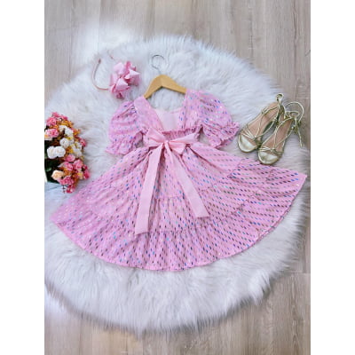 Vestido Infantil Primavera Verão Rosa Bebê Riscos Coloridos Casual