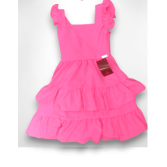 Vestido Infantil Primavera Verão Rosa Neon Saia C/ Babado