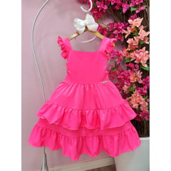 Vestido Infantil Primavera Verão Rosa Neon Saia C/ Babado