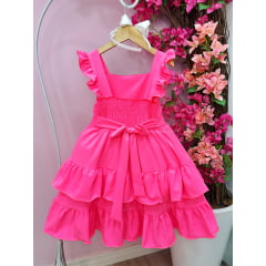 Vestido Infantil Primavera Verão Rosa Neon Saia C/ Babado