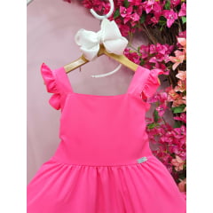 Vestido Infantil Primavera Verão Rosa Neon Saia C/ Babado