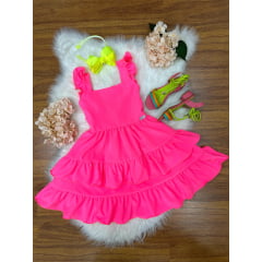 Vestido Infantil Primavera Verão Rosa Neon Saia C/ Babado