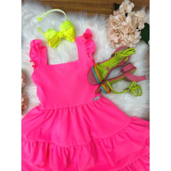 Vestido Infantil Primavera Verão Rosa Neon Saia C/ Babado