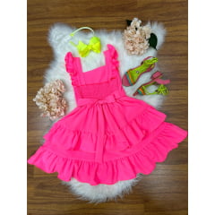 Vestido Infantil Primavera Verão Rosa Neon Saia C/ Babado