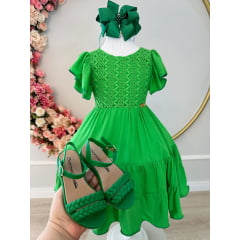 Vestido Infantil Primavera Verão Verde Bandeira C/ Bordado