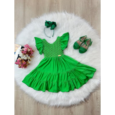 Vestido Infantil Primavera Verão Verde Bandeira Casual