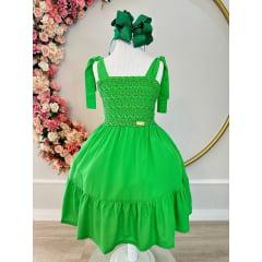 Vestido Infantil Primavera Verão Verde Bandeira de Alça e Bordado