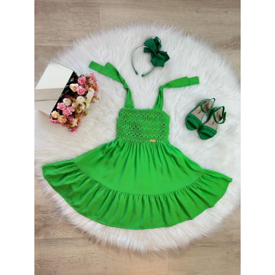 Vestido Infantil Verão Verde Bandeira Alça Ajustável Casual