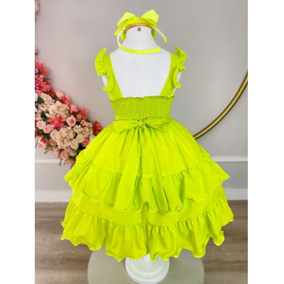 Vestido Infantil Verão Verde Neon Saia C/ Babado Casual