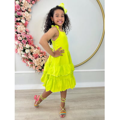 Vestido Infantil Verão Verde Neon Saia C/ Babado Casual Vestido Infantil Verão Verde Neon Saia C/ Babado Casual