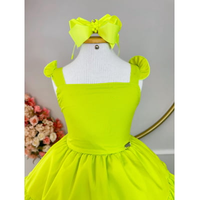 Vestido Infantil Verão Verde Neon Saia C/ Babado Casual