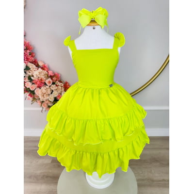 Vestido Infantil Verão Verde Neon Saia C/ Babado Casual