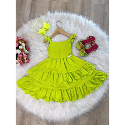 Vestido Infantil Verão Verde Neon Saia C/ Babado Casual