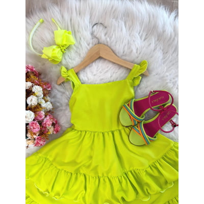 Vestido Infantil Verão Verde Neon Saia C/ Babado Casual